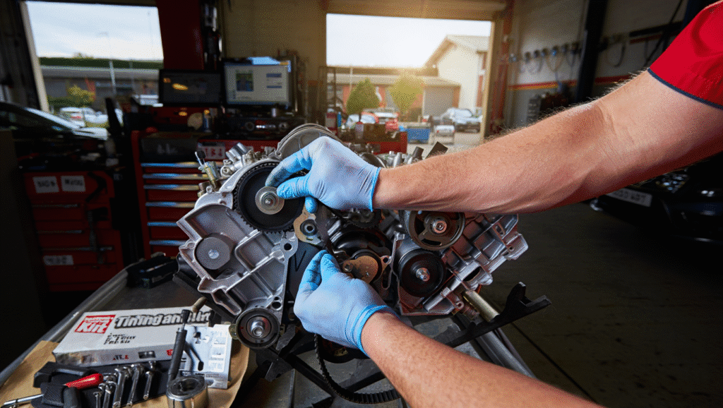 Mechanic timing up a timing belt on engine