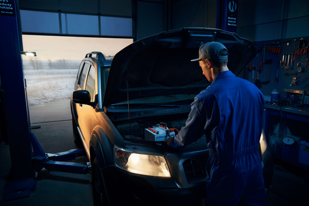 mechanic doing winter checks on a car in the winter