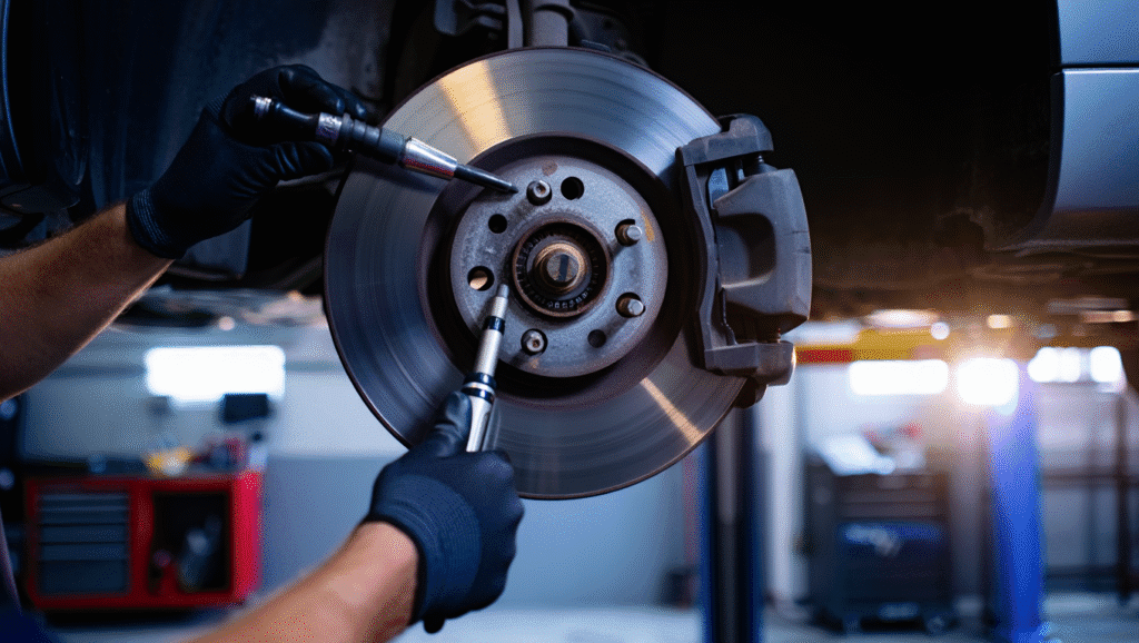 Mechanic check brake discs on a car