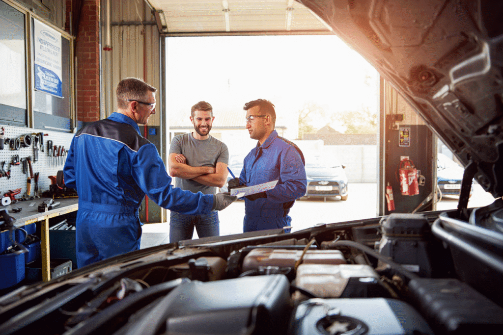 Mechanics helping a customer inside a clean, friendly local car garage in Kent, showing honest service and personal care during a vehicle repair.