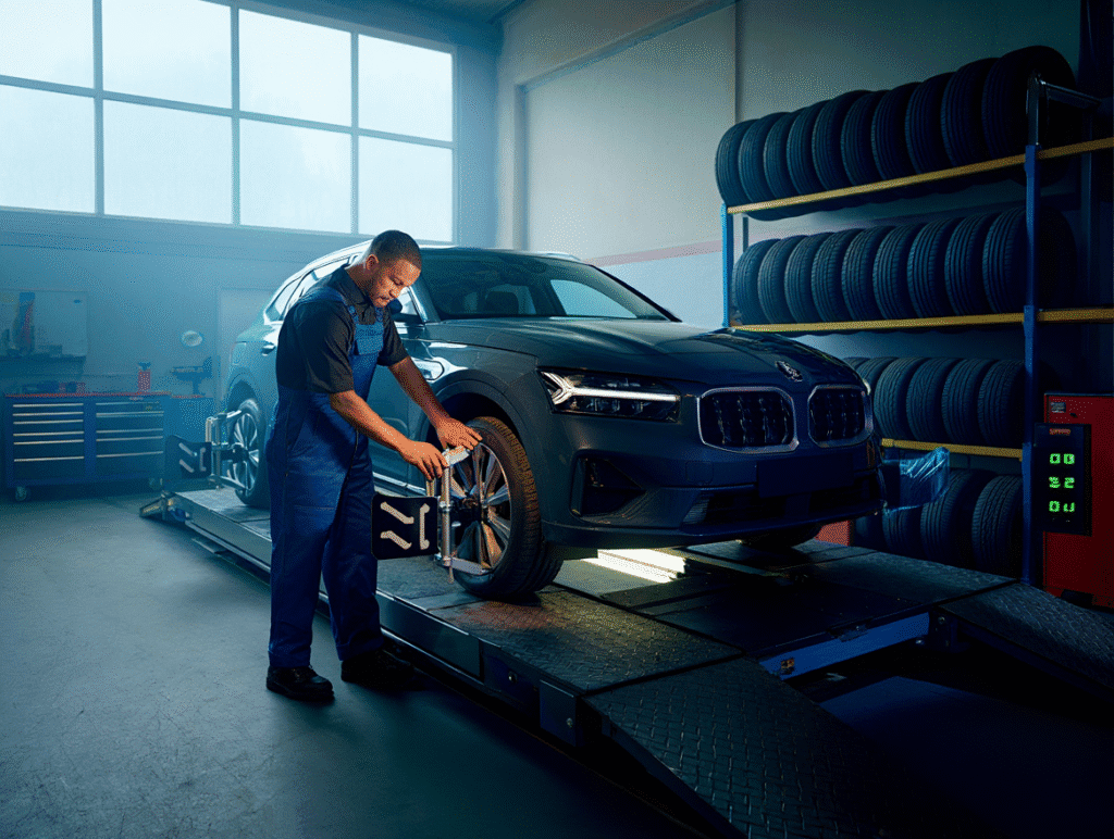 Mechanic performing laser wheel alignment on a car inside the Medway Vehicle Services workshop.