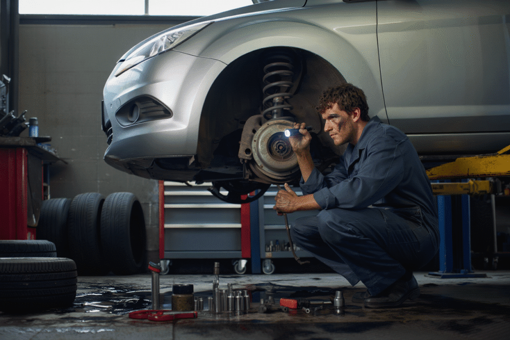 Mechanic inspecting a car&rsquo;s suspension on a lift inside a Medway Vehicle Services workshop, checking shocks and springs for wear.