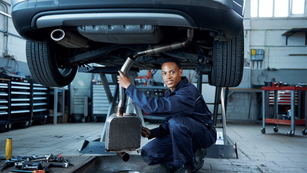 Mechanic at Medway Vehicle Services inspecting a diesel particulate filter under a car during a DPF diagnostic check.
