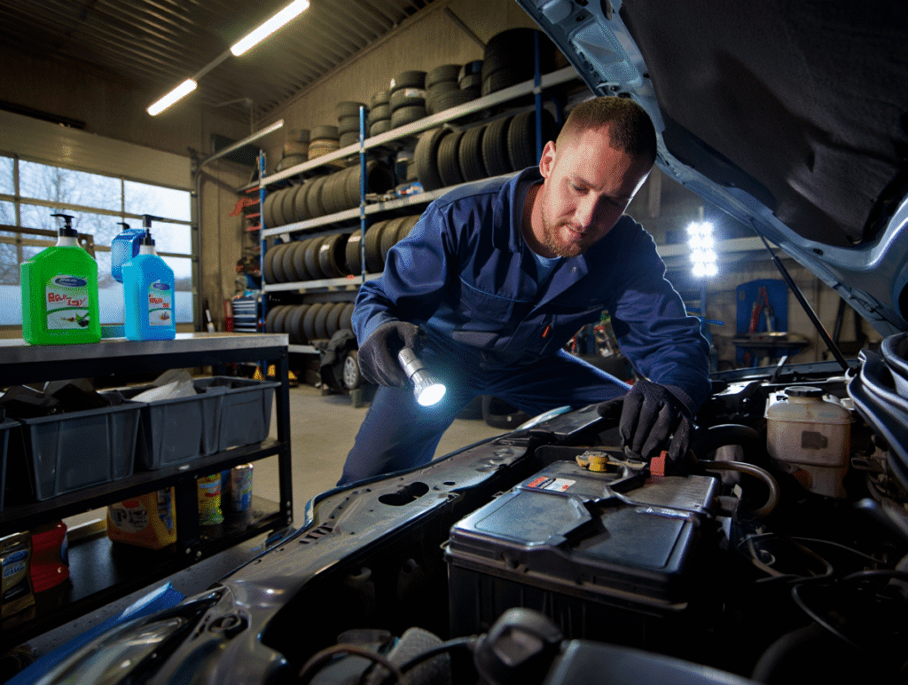 Mechanic at Medway Vehicle Services checking a car battery and fluids during a winter preparation inspection inside the workshop