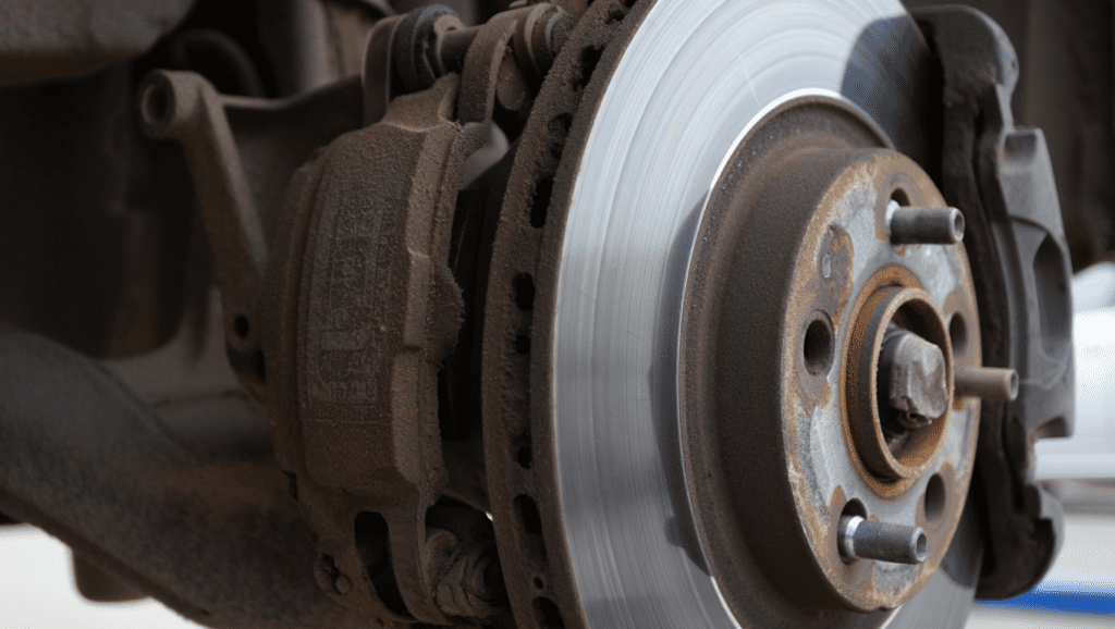 Brake disc and pad with visible wear that can cause squeaky brakes.