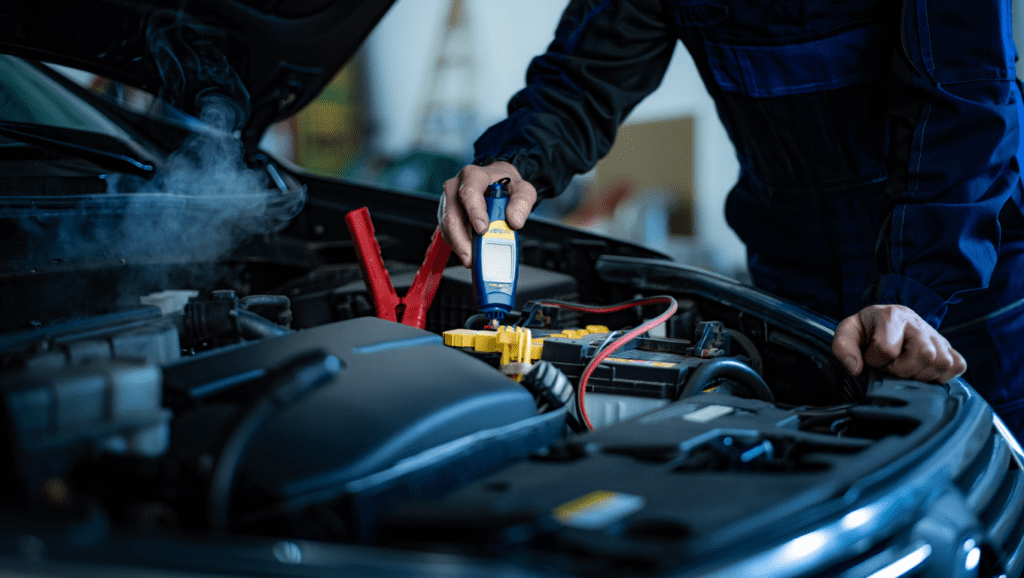 Mechanic inspecting a non starting car on a cold morning at Medway Vehicle Services.