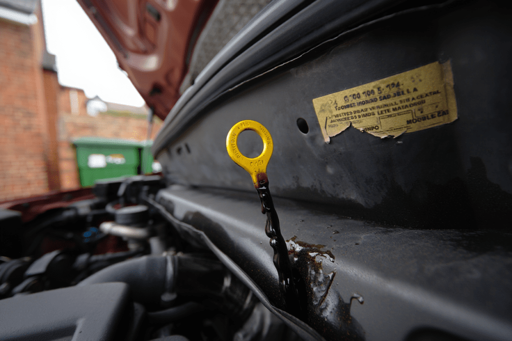 Overdue car servicing shown by dirty engine oil in a Medway workshop.