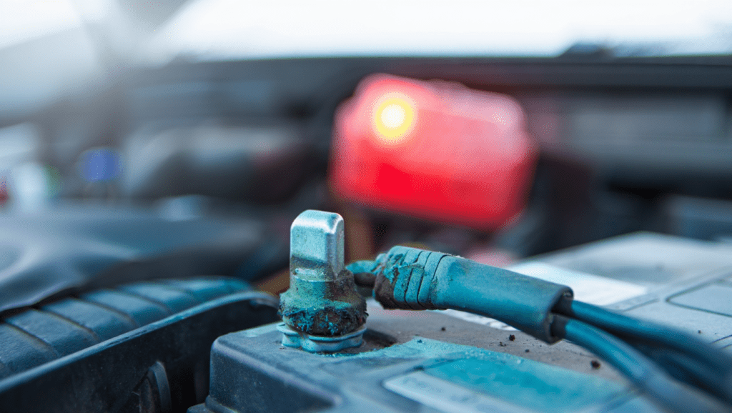 Failing car battery showing corrosion and warning lights in Medway.