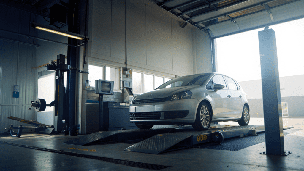 Car undergoing an MOT test in a Medway garage inspection bay.