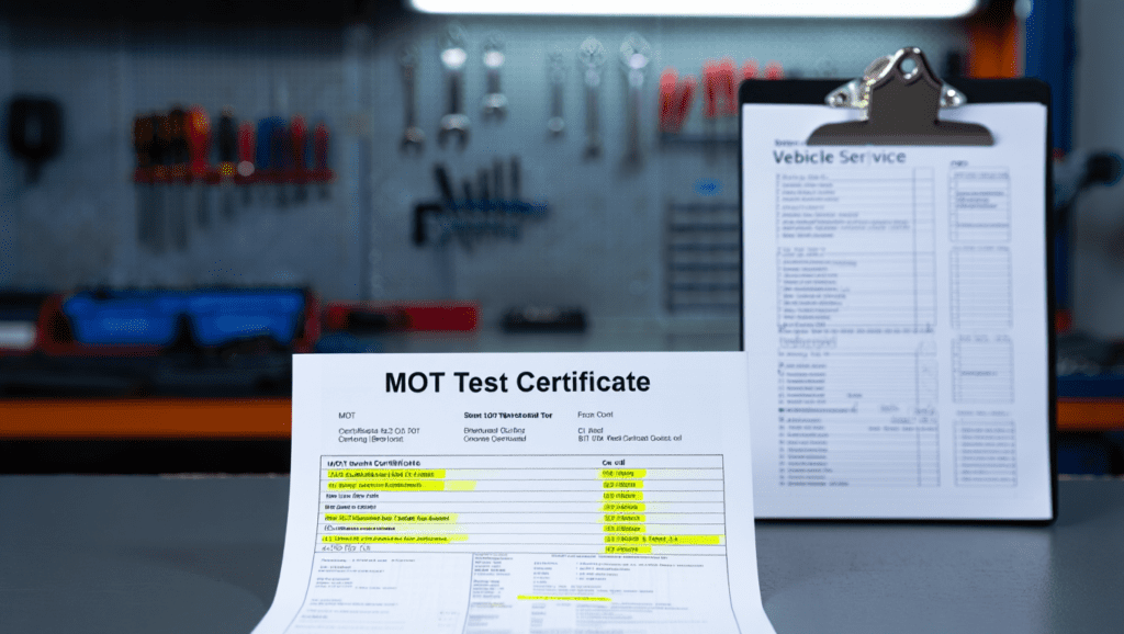 MOT advisory notes highlighted on an MOT certificate in a Medway garage.