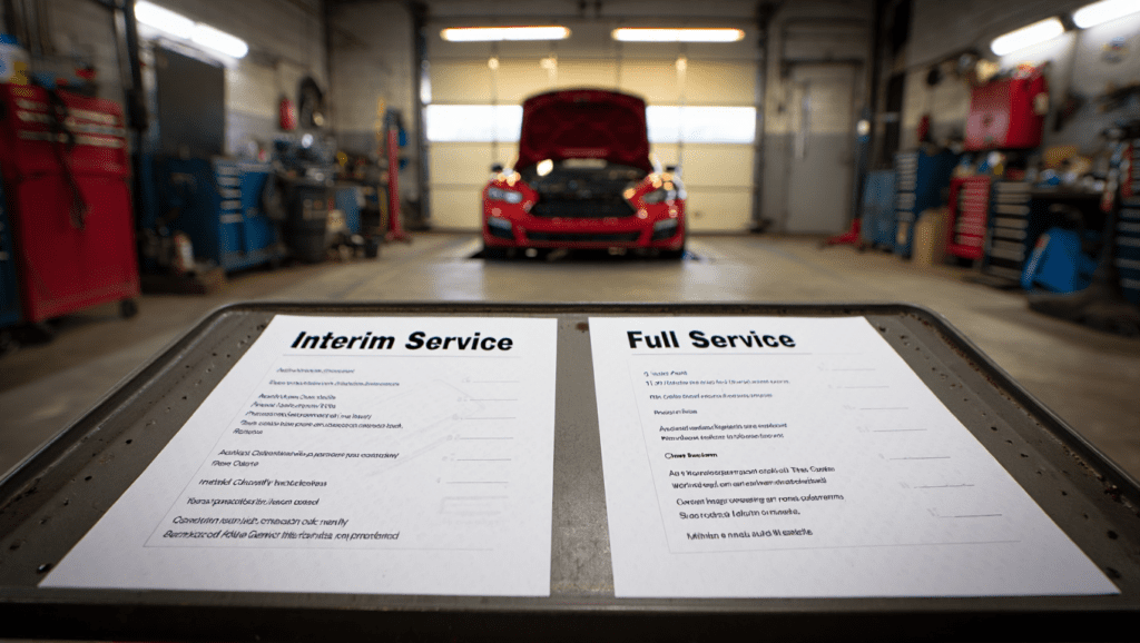 Interim and full car service comparison shown in a Medway garage workshop.