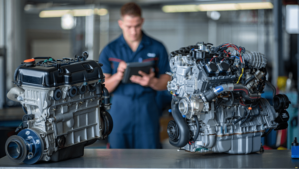 Comparison of an older simple petrol engine and a modern turbocharged engine with complex electronics inside a professional Medway garage workshop.