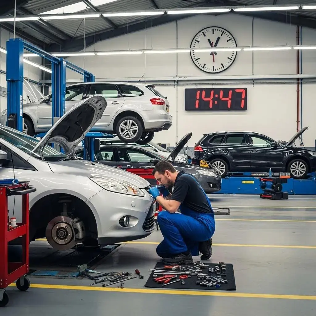 Busy MOT test center with mechanics inspecting vehicles and a clock indicating time