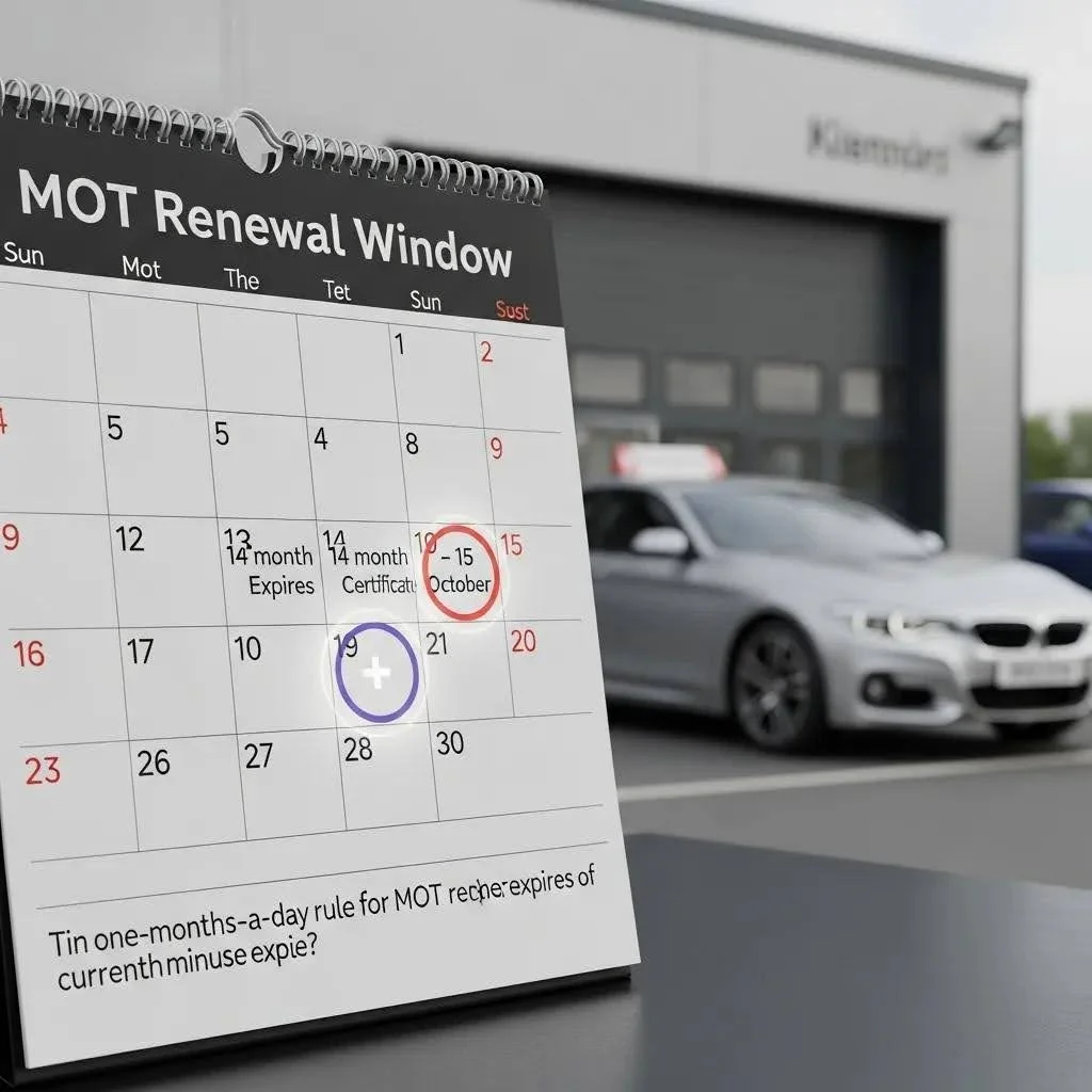 Calendar highlighting MOT renewal window dates for vehicle testing