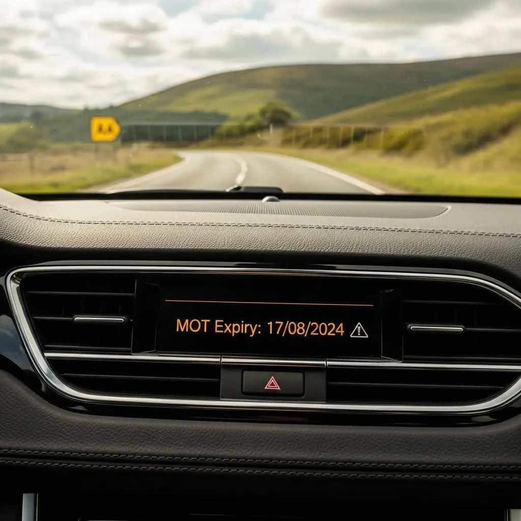 Car dashboard showing MOT expiry date indicator with a scenic UK road in the background