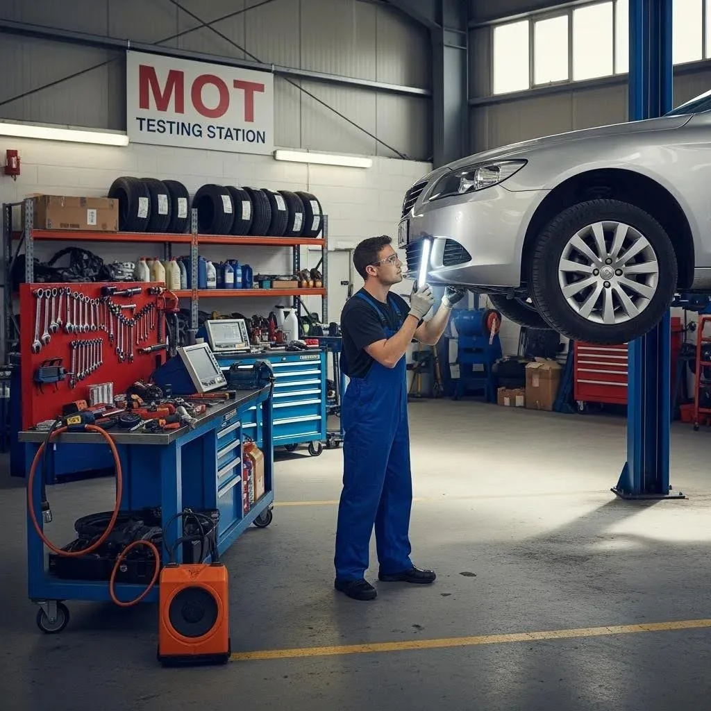 Car inspection at an MOT test center highlighting vehicle safety checks