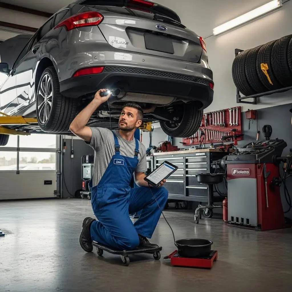 Car undergoing an MOT test in a garage with a mechanic inspecting the undercarriage
