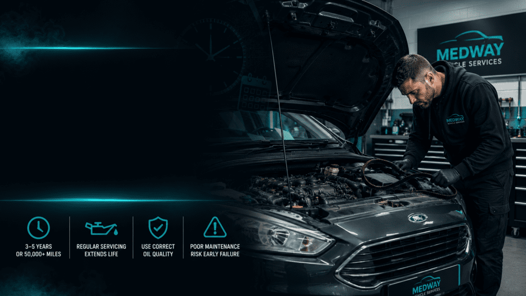 Medway Vehicle Services wet belt lifespan guide graphic showing mechanic inspecting a Ford engine in a professional workshop