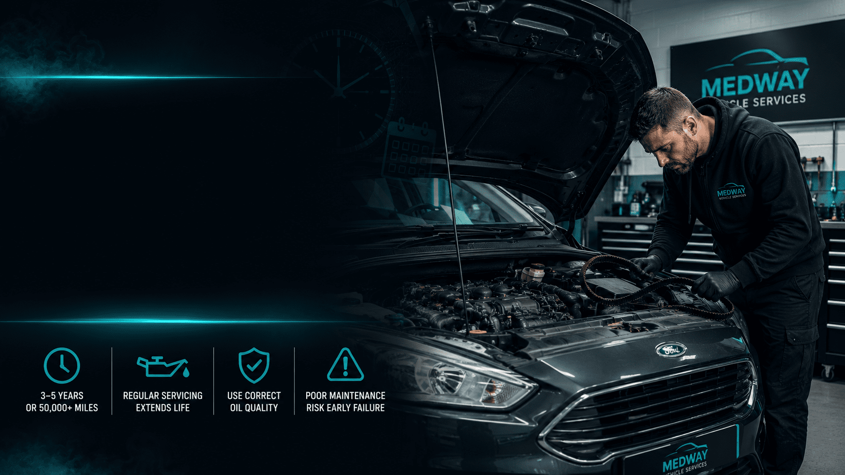 Medway Vehicle Services wet belt lifespan guide graphic showing mechanic inspecting a Ford engine in a professional workshop