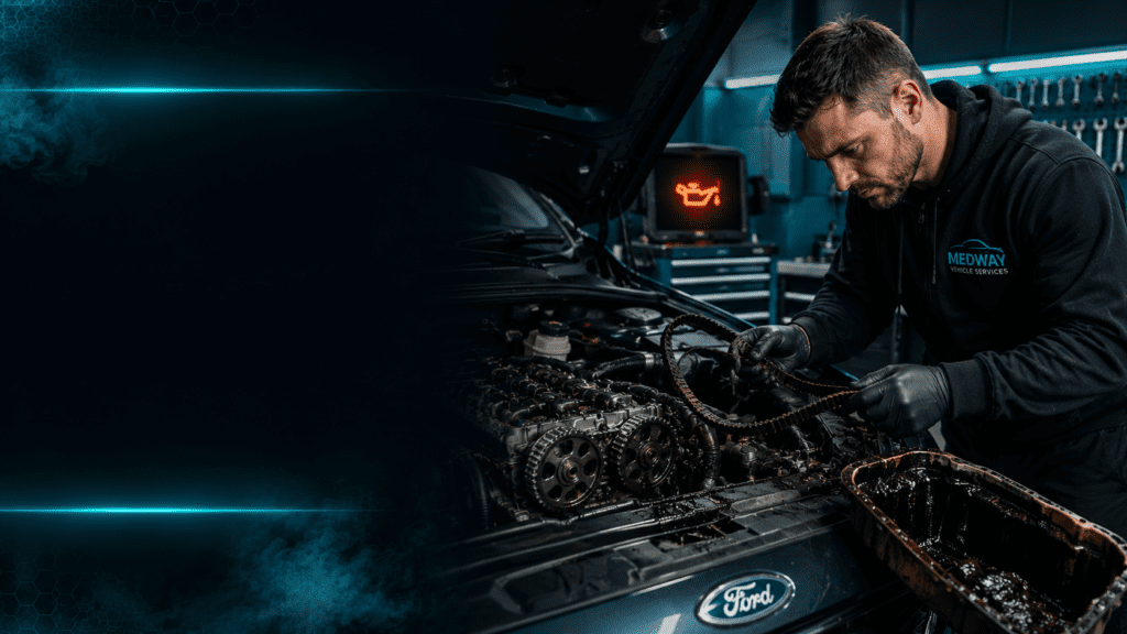 Ford wet belt failure inspection at Medway Vehicle Services showing mechanic diagnosing Ford engine problems in professional workshop