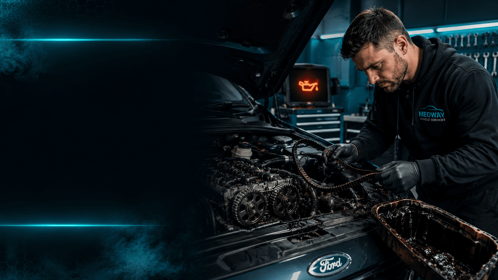 Ford wet belt failure inspection at Medway Vehicle Services showing mechanic diagnosing Ford engine problems in professional workshop