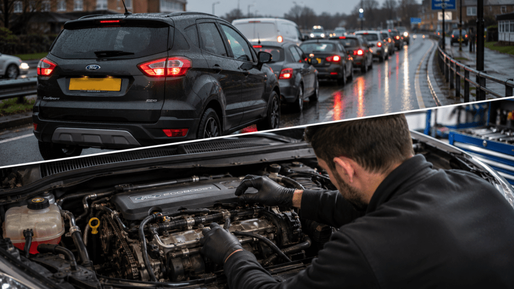 Ford EcoBoost vehicle in rainy stop-start traffic with mechanic inspecting engine for potential wet belt wear in professional garage