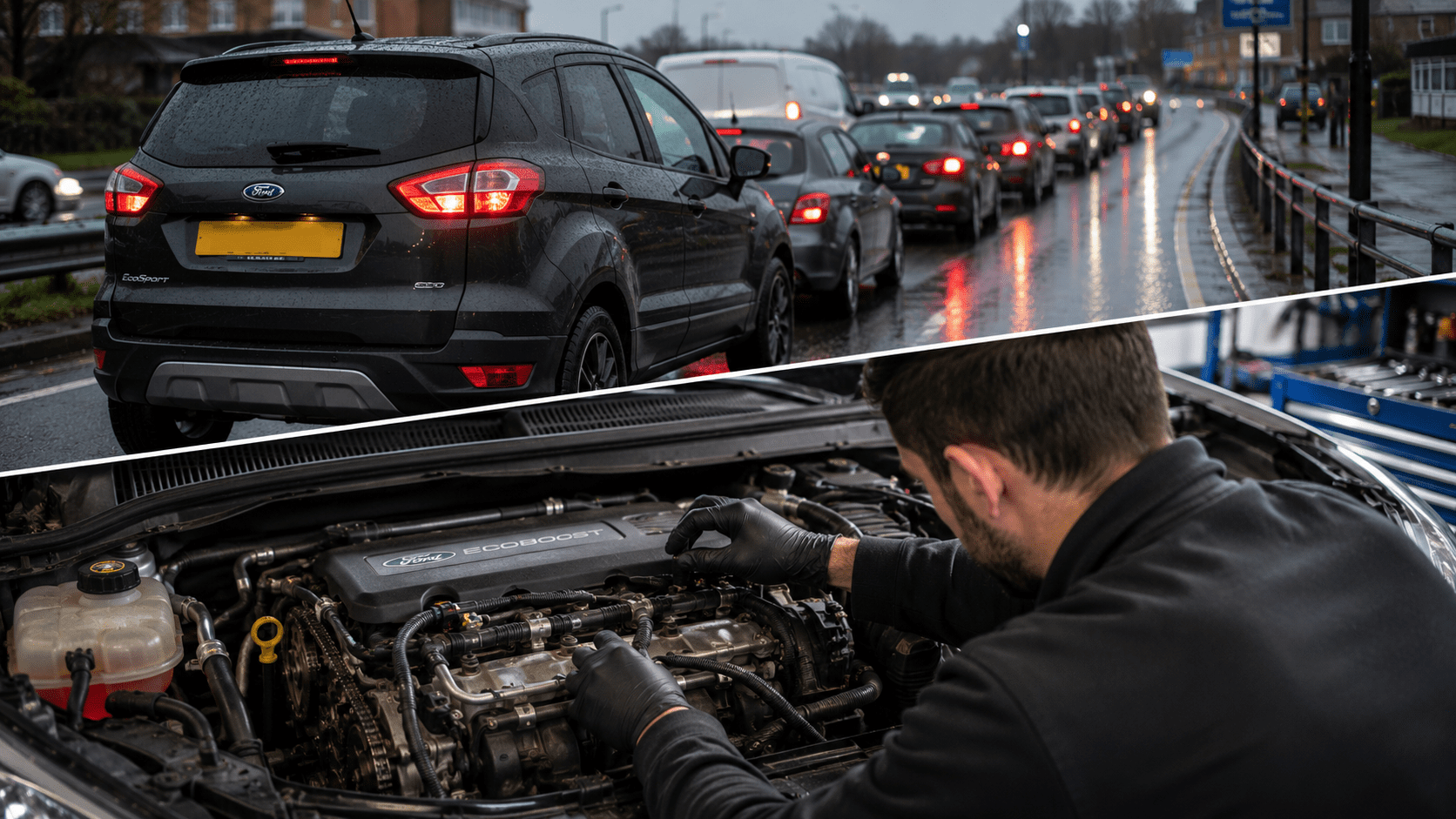 Ford EcoBoost vehicle in rainy stop-start traffic with mechanic inspecting engine for potential wet belt wear in professional garage