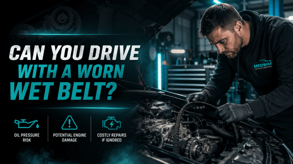 Worn wet belt warning graphic showing Ford engine inspection at Medway Vehicle Services