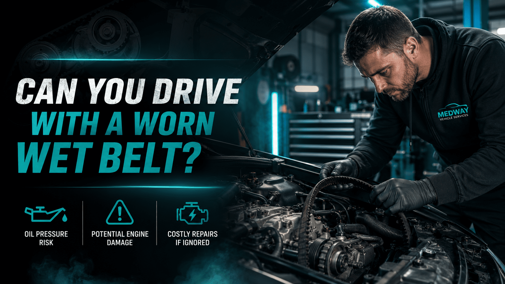 Worn wet belt warning graphic showing Ford engine inspection at Medway Vehicle Services