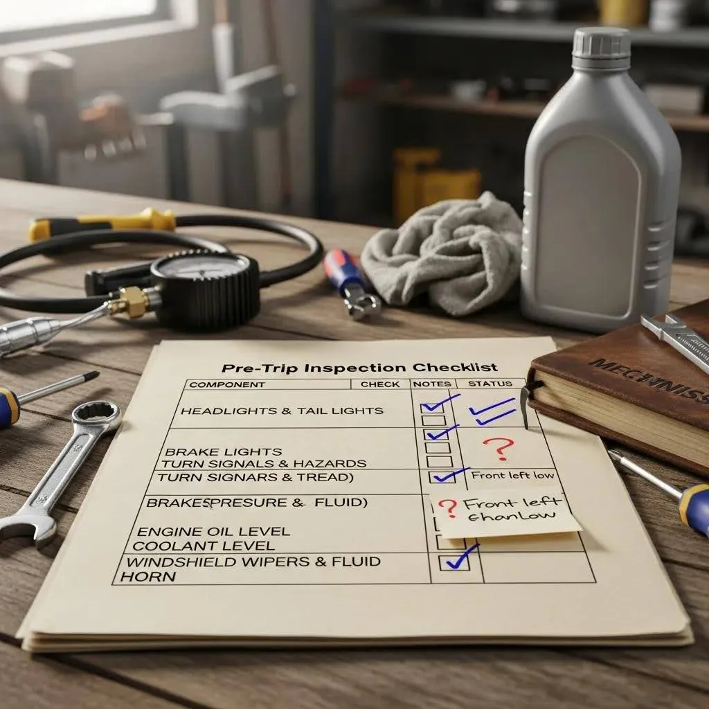 Checklist of vehicle components for MOT inspection, emphasizing safety and maintenance preparation