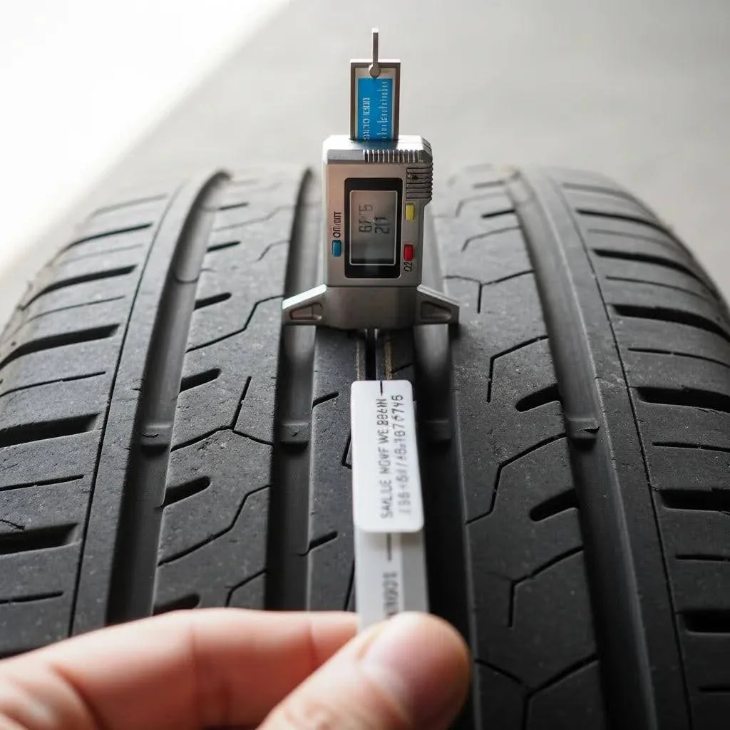 Close-up of a tyre tread gauge measuring depth, illustrating common MOT failure prevention