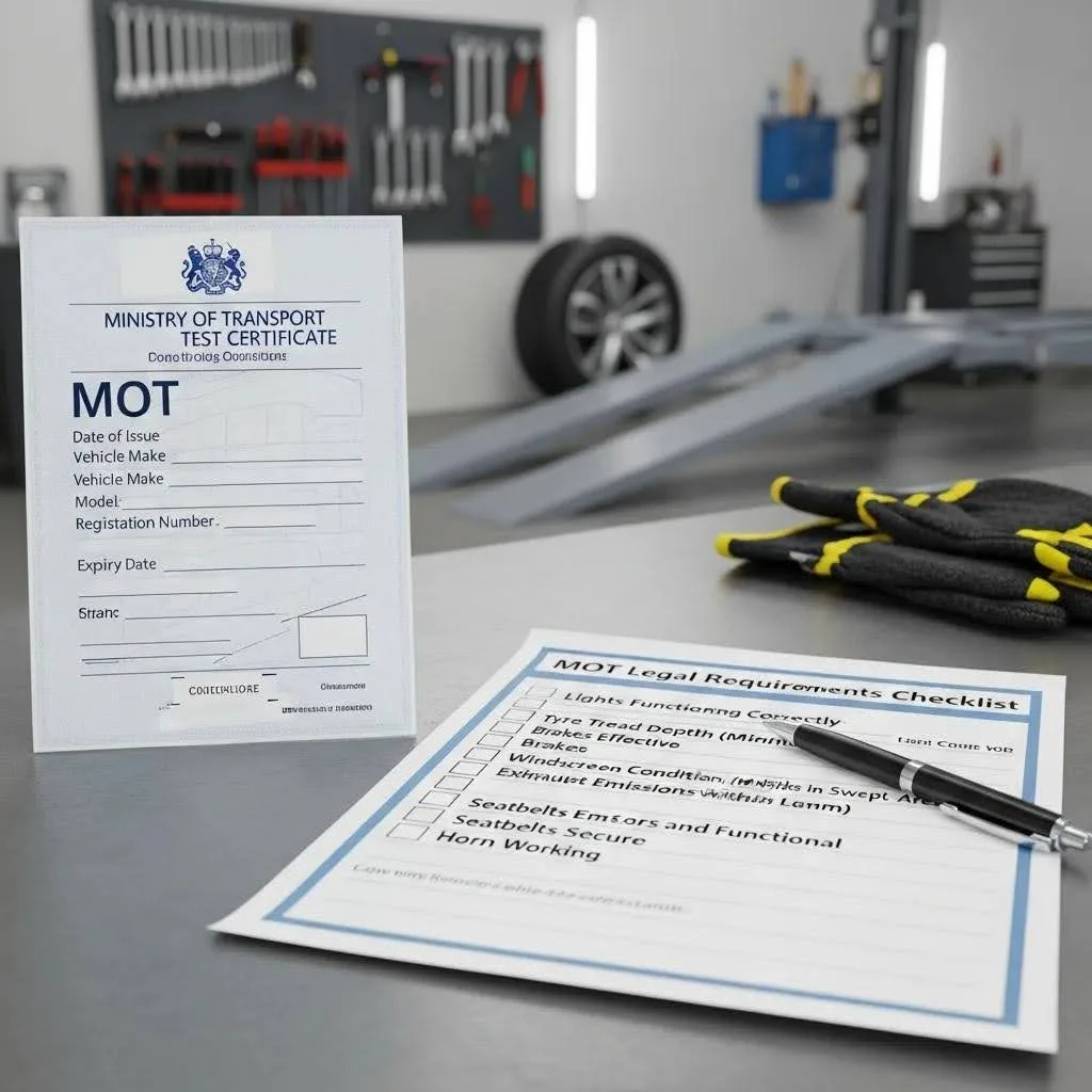 Close-up of an MOT certificate and a checklist of legal requirements in a garage setting