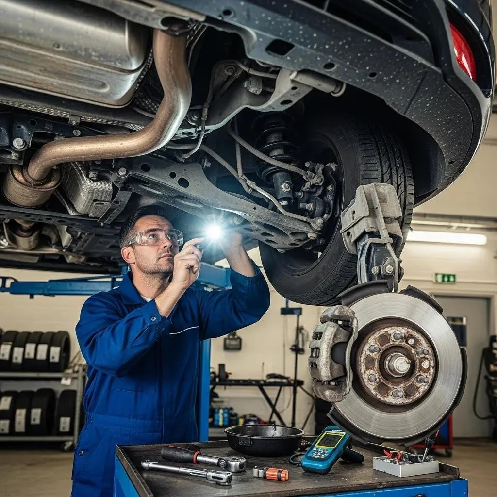 Mechanic inspecting a car during an MOT test, highlighting vehicle safety and maintenance
