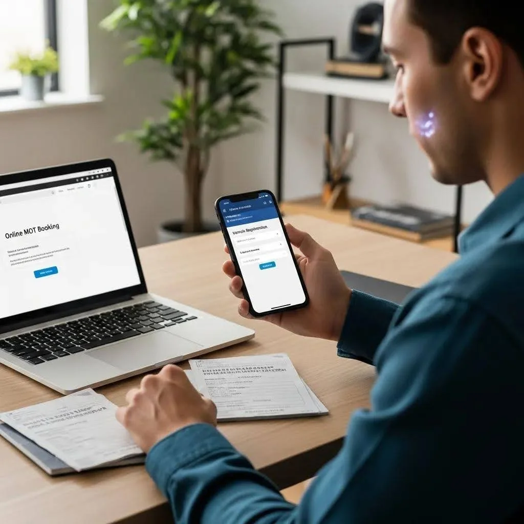 Person checking MOT expiry date on smartphone with vehicle documents