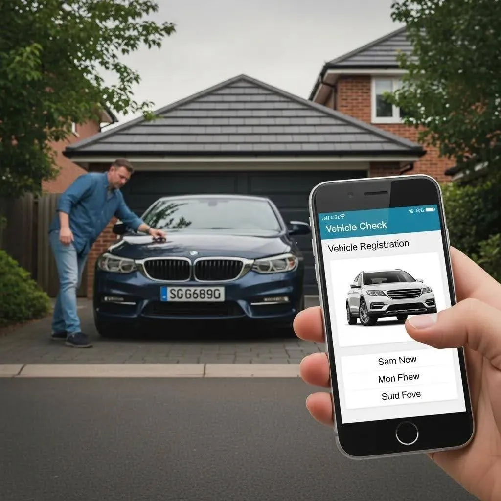 Person checking car registration on smartphone in a driveway