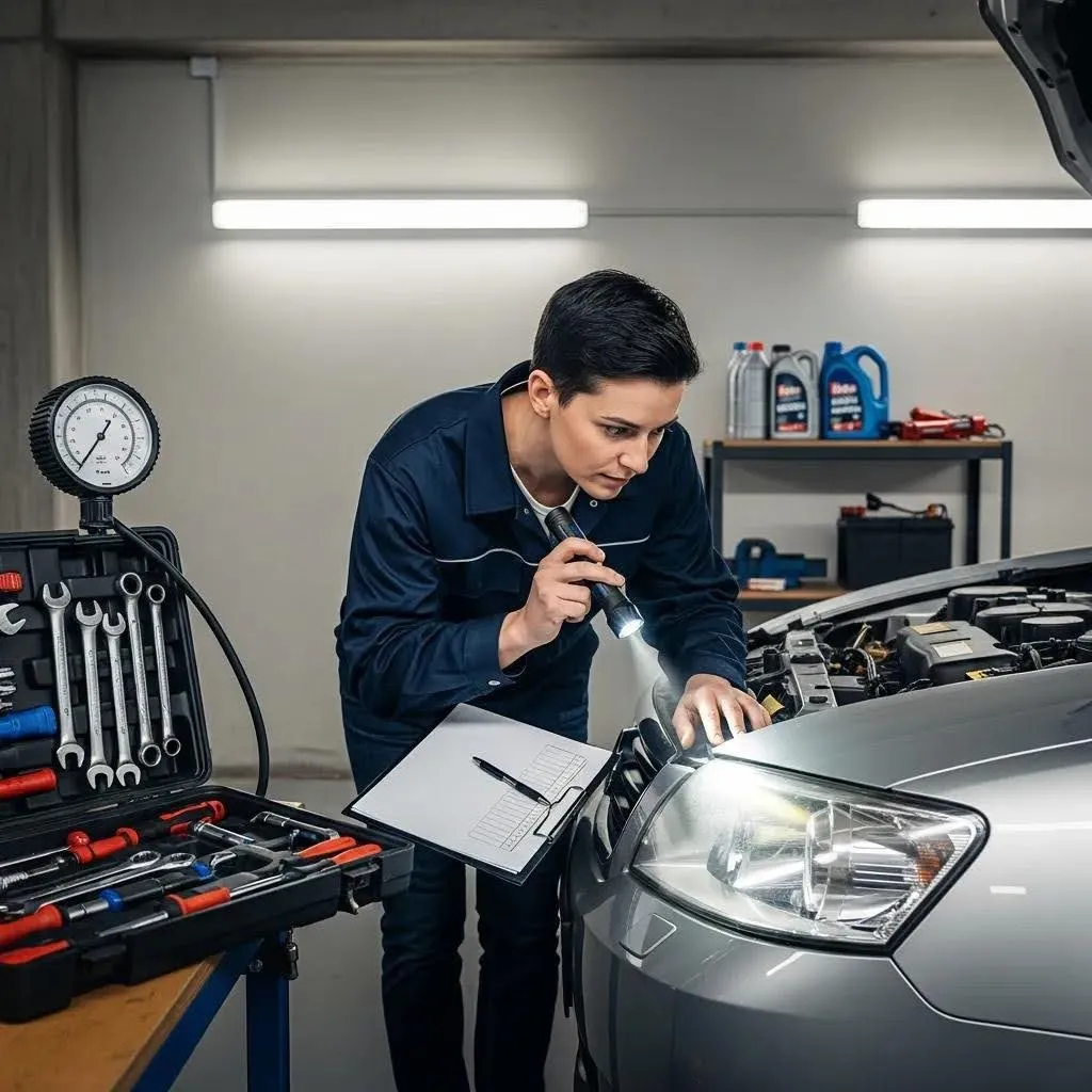 Person inspecting car lights and tyres in a garage for MOT preparation