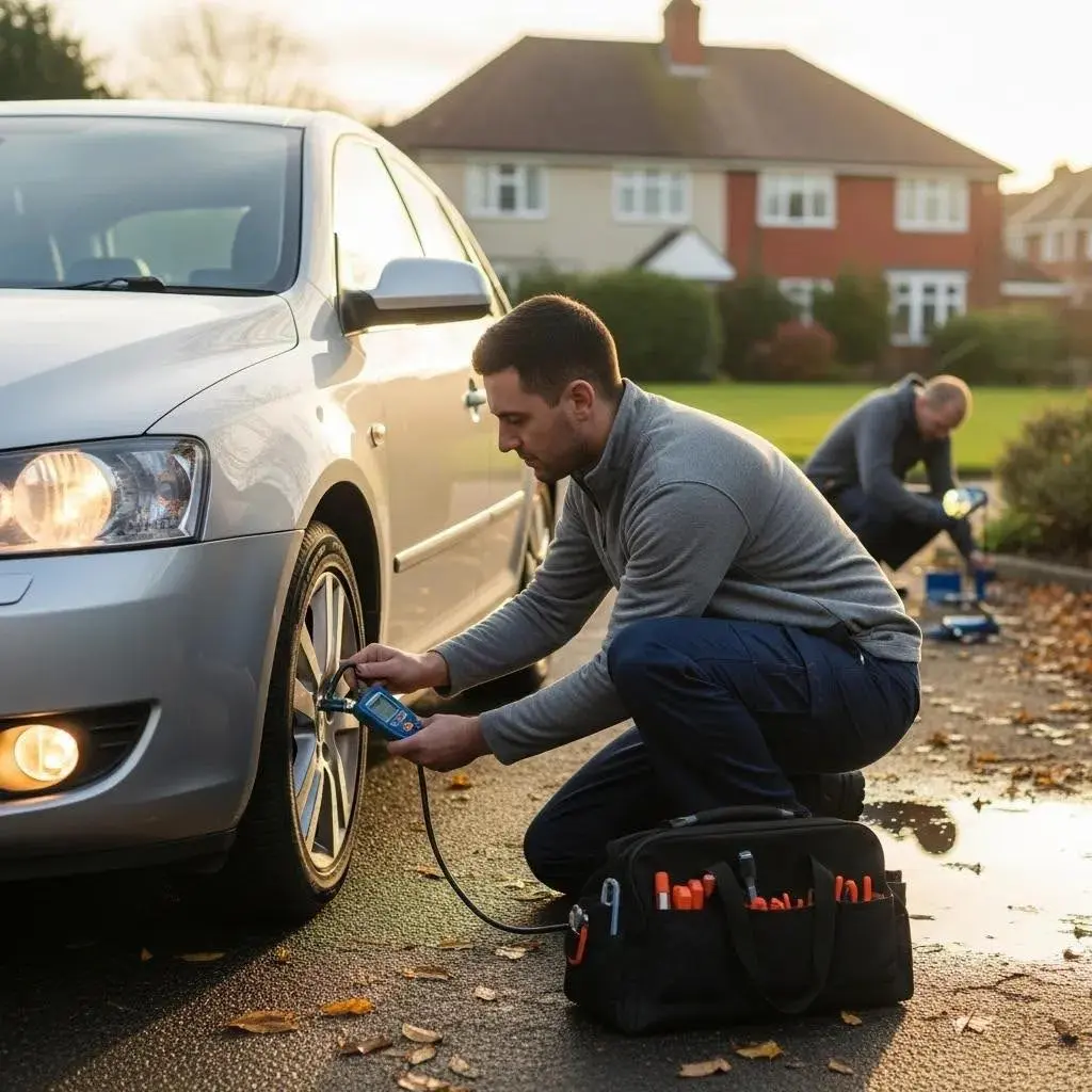 Person performing pre-MOT checks on a car, inspecting tyres and lights