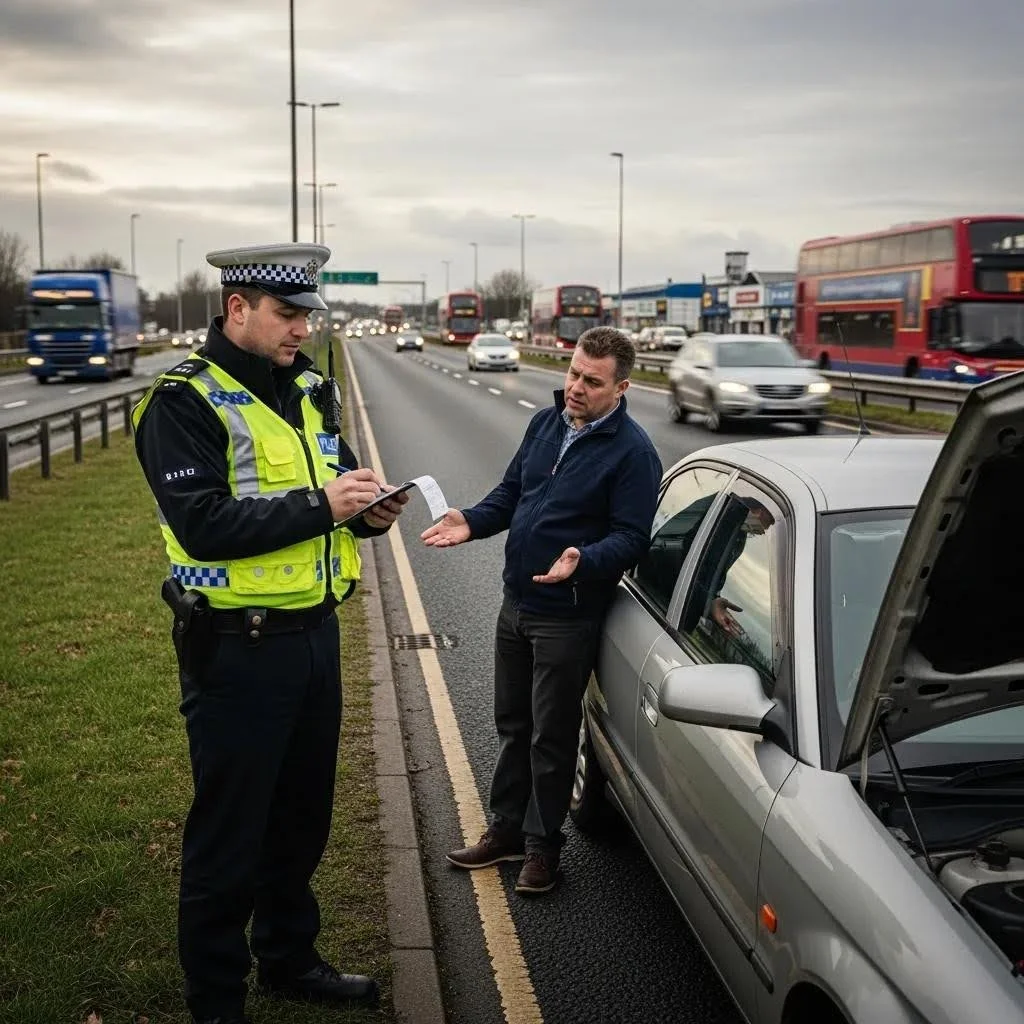 Police officer issuing a ticket to a driver for driving without a valid MOT on a busy road