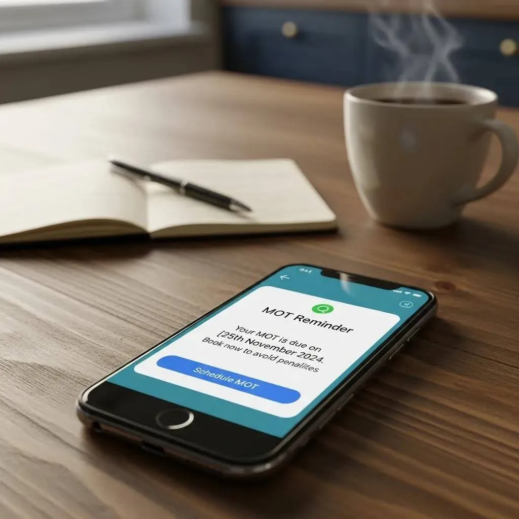 Smartphone displaying MOT reminder notification on a kitchen table