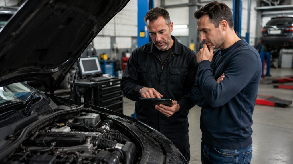 Mechanic inspecting a vehicle with engine problems while discussing repair options with the owner in a professional workshop.