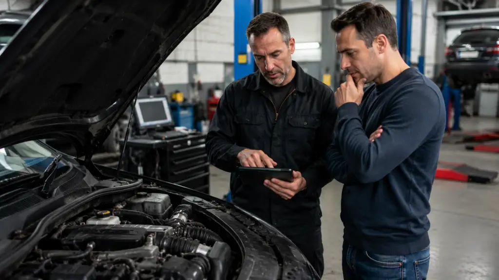 Mechanic inspecting a vehicle with engine problems while discussing repair options with the owner in a professional workshop.