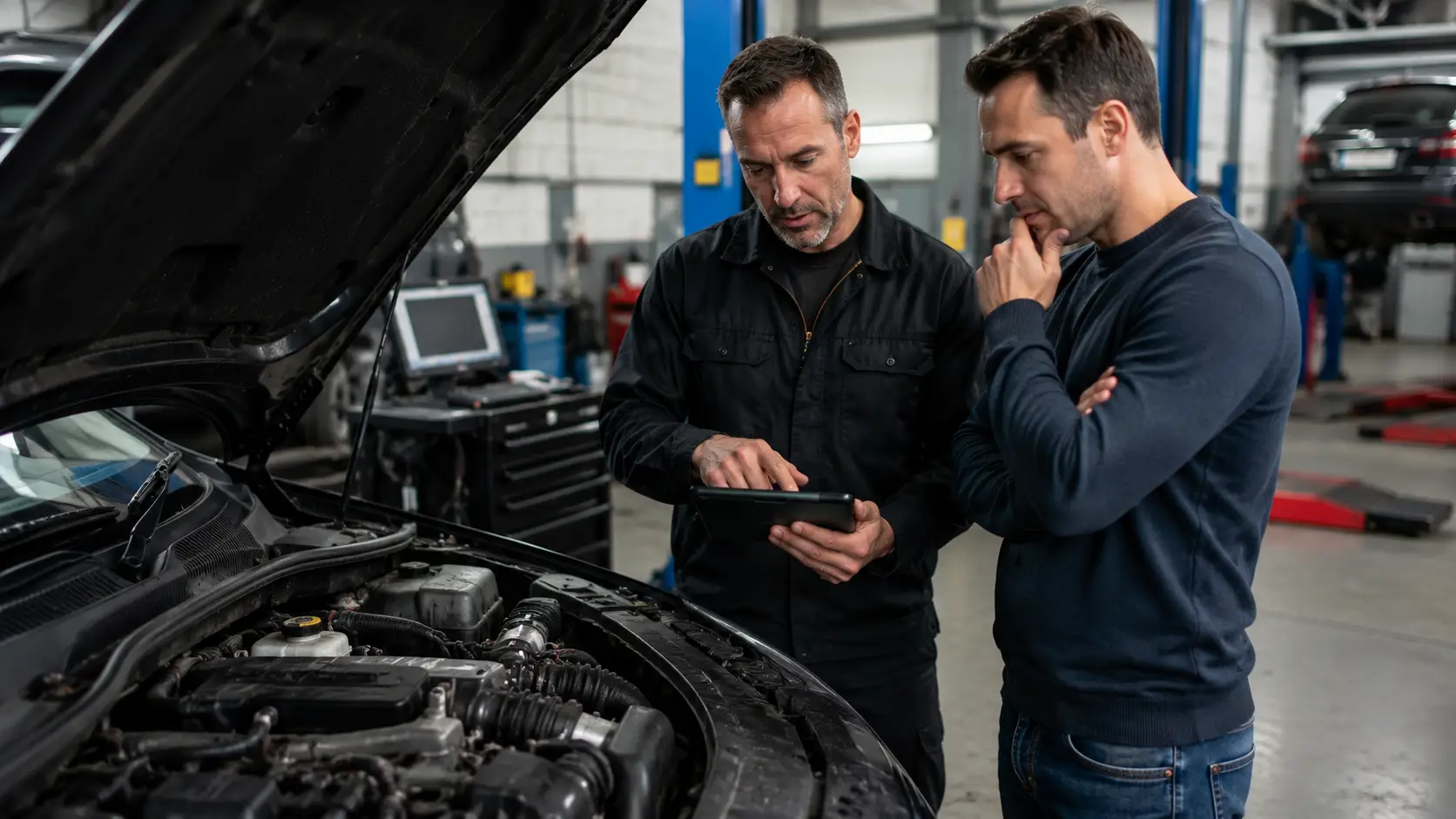 Mechanic inspecting a vehicle with engine problems while discussing repair options with the owner in a professional workshop.