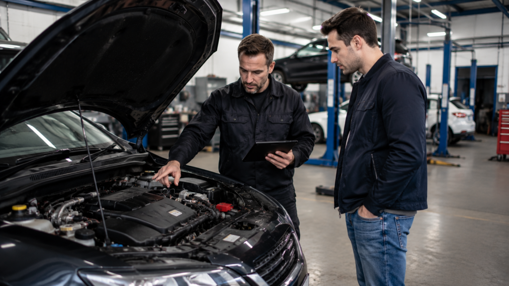 Mechanic carrying out a pre-purchase inspection on a used car in a professional UK workshop.