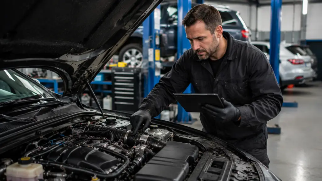 Mechanic inspecting a modern car engine while diagnosing the cause of a mechanical fault in a professional UK workshop.