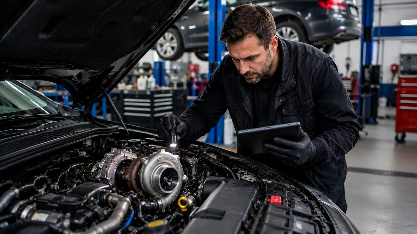 Mechanic diagnosing a turbocharger fault on a modern petrol engine in a professional UK workshop.