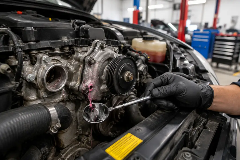 Mechanic inspecting a leaking water pump inside a vehicle engine bay at a Medway garage.